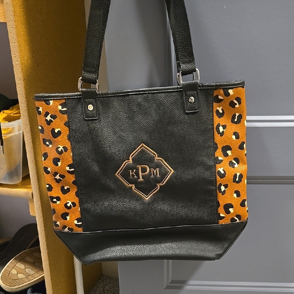 Black and Orange Leopard Print Tote with Textured Finish